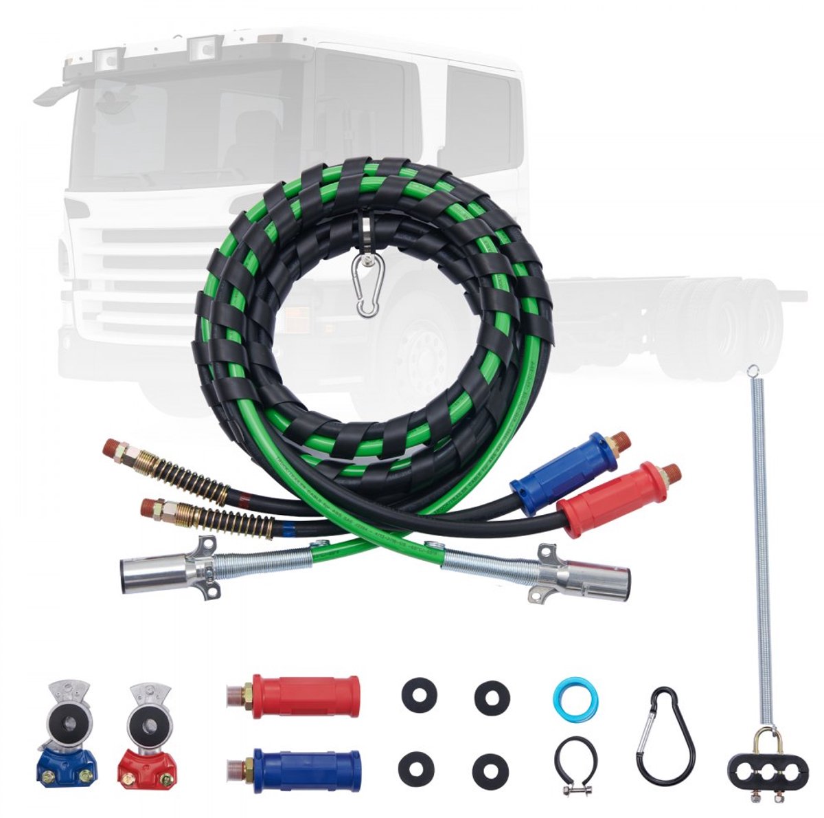 Luchtremleidingset vrachtwagen - 3-in-1 set 3,7 m - Spiraalslang - ABS 7-polige kabel - Twee gladhand-koppelingen met handgrepen - Voor trekker-oplegger - Weerbestendig