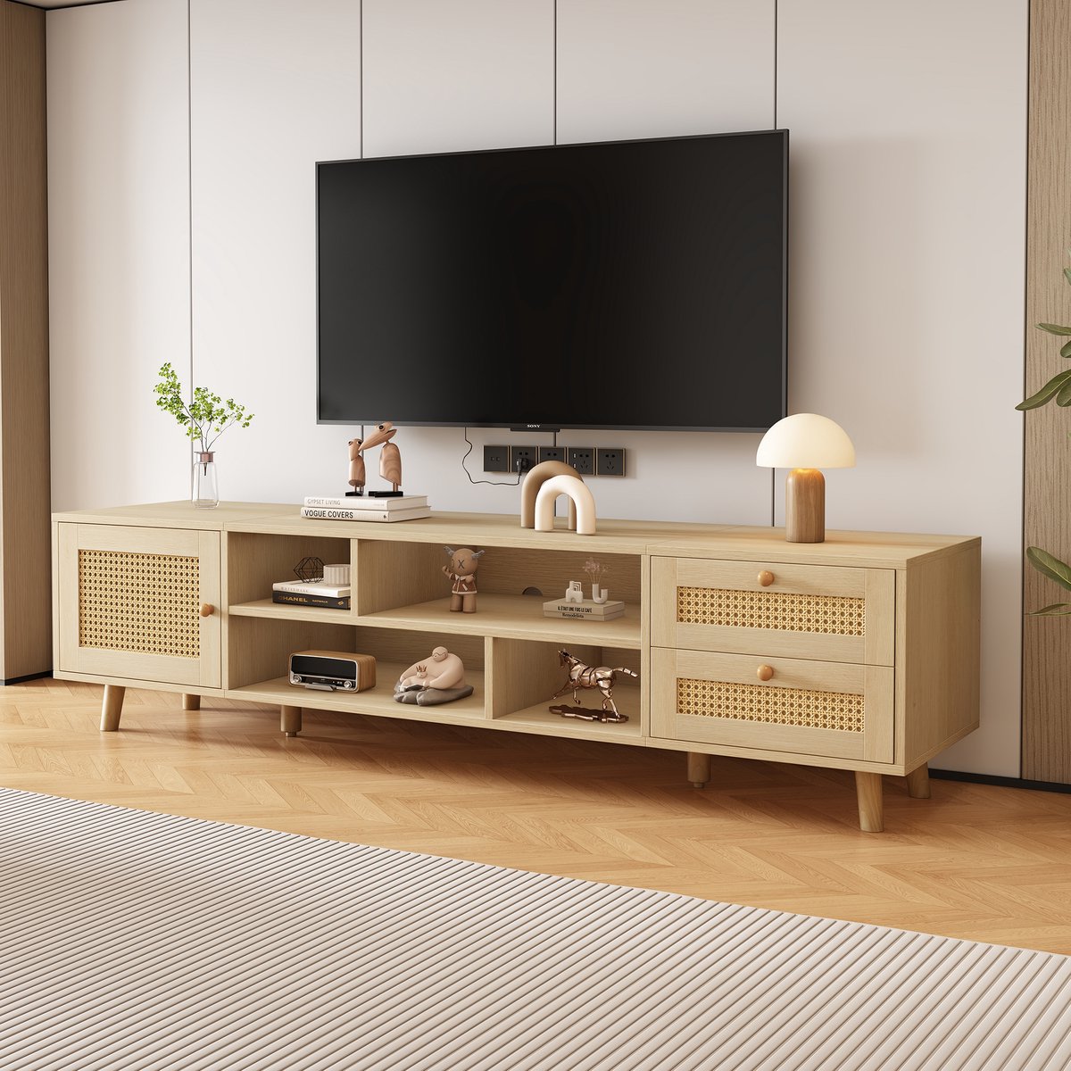 OKWISH Televisieaccessoires - TV meubel met 2 lades en 1 deur - Stil scharnier, premium rattan - Voor woonkamer en eetkamer - 160x39x40,5 cm - Spaanplaat - Naturel