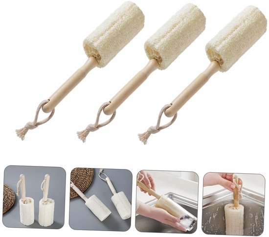 3 stuks Loofah bekerborstel voor vaatwerk, flessenborstel met lange steel, krasvrije houten steel, bekerborstels voor reiniging-18cm — afbeelding 5