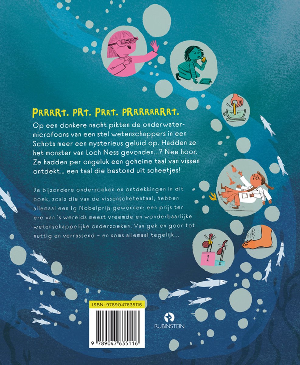 Boekillustratie met kinderen die onder water wetenschappelijk onderzoek doen naar vissen en monsters. ISBN.