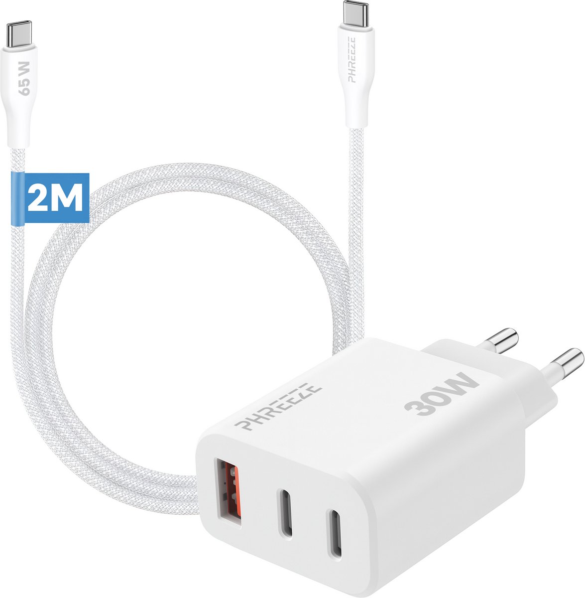 30w usb adapter met 3 poorten 2x Usb met usb C kabel 2m wit snellader
