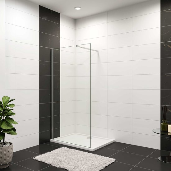Aica Paroi de douche moderne 90x200 cm - Verre trempé sûr 10 mm NANO Easyclean - Tige de stabilisation rétractable de 73-120 cm - Facile à installer - Profil en chrome brillant