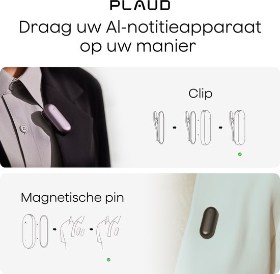 Grijze, zilveren en paarse Plaude NotePins. 20 uur opname, 40 dagen standby, 64 GB opslag, onbeperkte cloudopslag, 16,6 g.