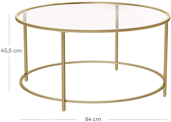 Ronde bijzettafel met glazen blad en goudkleurig metalen frame, met afmetingen 84 x 45,5 cm.