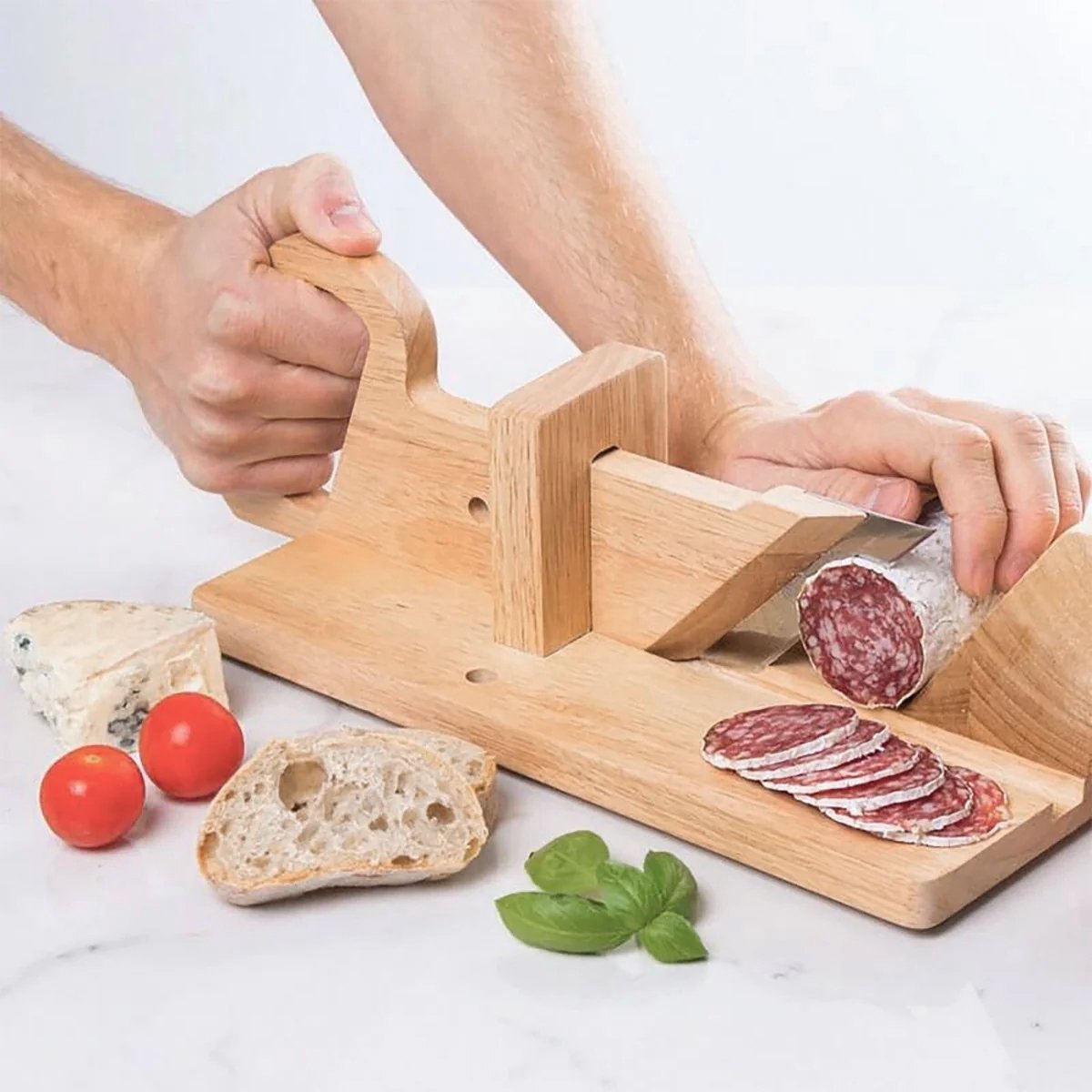 CHIWIN Allessnijder van Eikenhout – Handmatige Vleessnijder met Roestvrijstalen Mes • Houten Wurstsnijder voor Worst, Kaas & Groenten • Broodschaafmachine – Perfect voor Keuken & Feesttafels