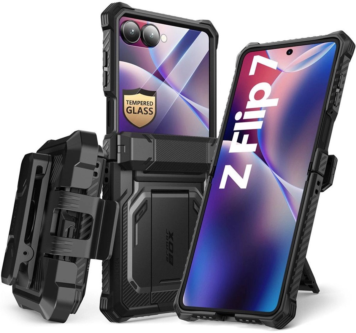 Armorbox Case geschikt voor Galaxy Z Flip 7 hoesje met screen protector - Tempered Glass Screen Protector - Kickstand - Zwart