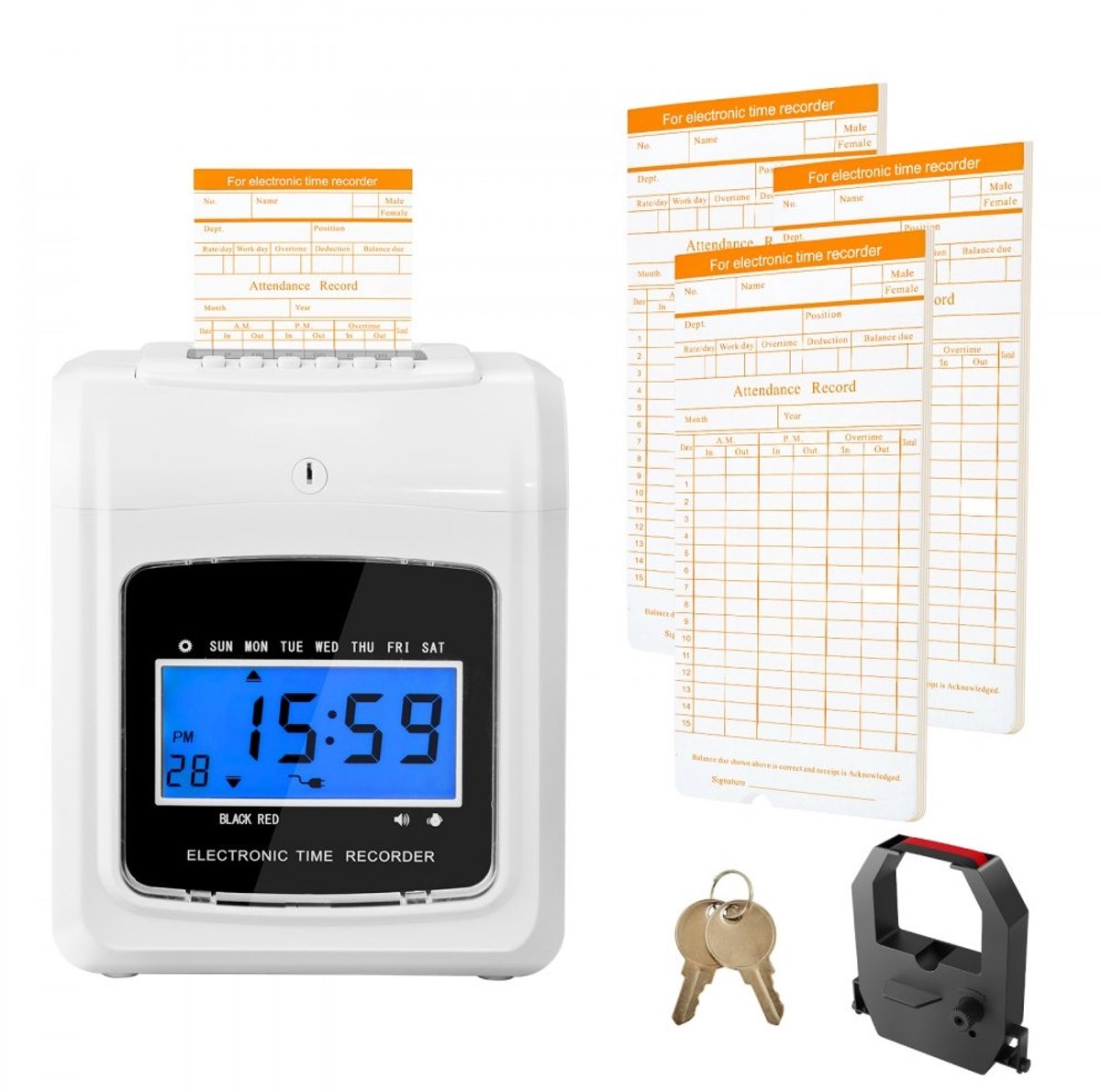 Tijdklok / Prikklok Tijdregistratie - Elektronische stempelklok - Inclusief 102 tijdkaarten - Met 2 sleutels - Met 1 inktlint - Wit