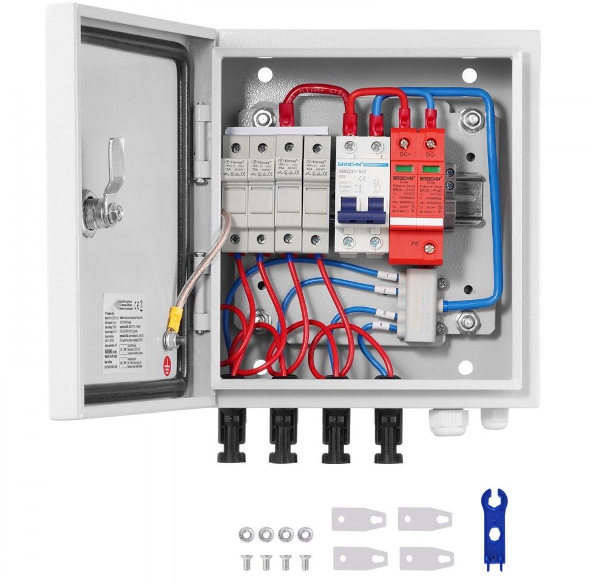 Zonnepaneel PV-combinerbox - Stringverdeler - 4-String - 15A Zekeringen - 63A Stroomonderbreker - Overspanningsbeveiliging - Stalen IP65-behuizing - Voor On-/Off-grid