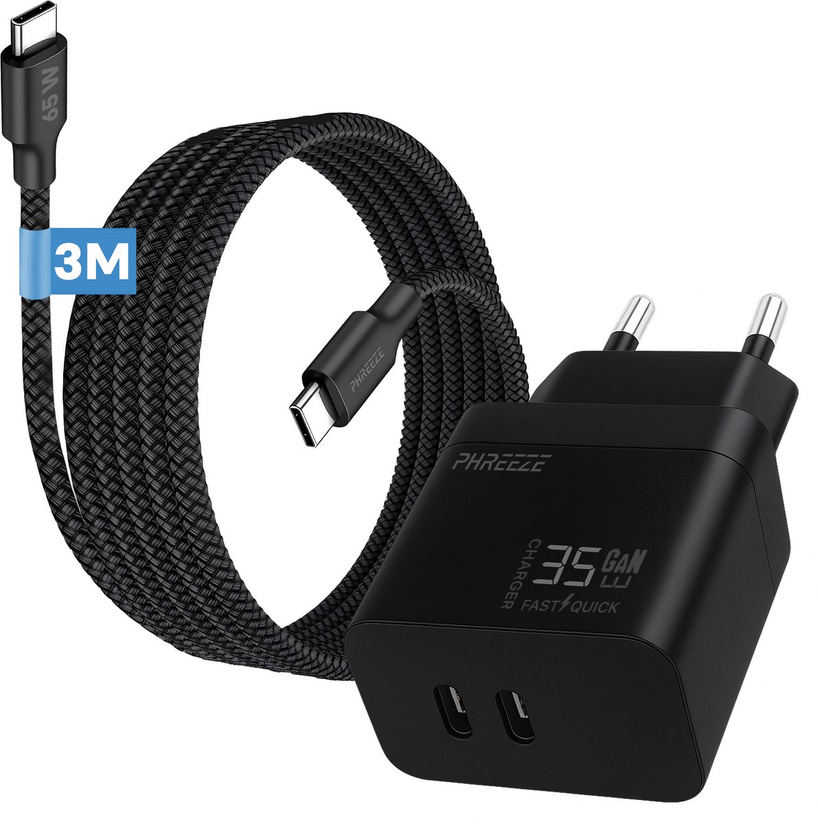 Usb C oplader - Usb C kabel - 3 meter - Met twee usb C poorten - Usb C naar usb C - GaN fast charger - Snellader