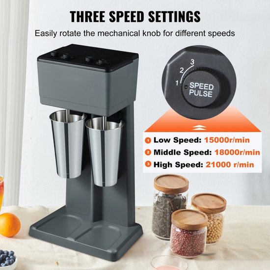 Milkshake Machine - Dubbele Drinkmixer - Vermogen 500 W - 3 Snelheden 15000-21000 RPM - 2x 820 ml RVS Bekers - Voor Milkshakes & Eiwitshakes - Cocktailmixer — afbeelding 5