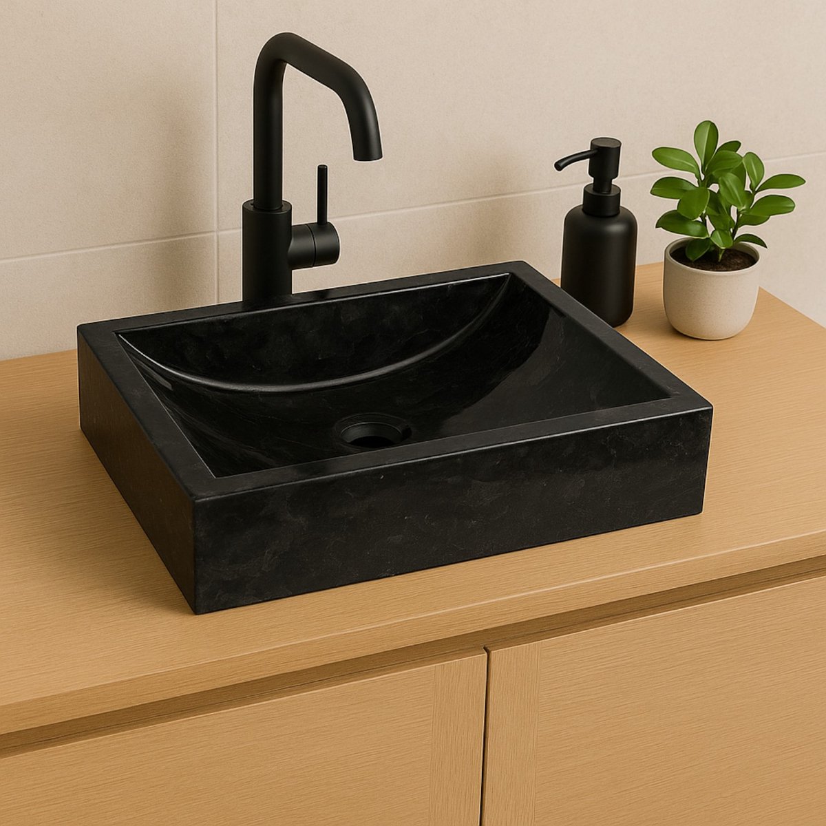 Lendo Online Wastafel rechthoekig 45x30x12 cm Marmer - natuursteen zwart - wasbak voor badkamer en toilet - spoelbak - waskom - unieke vorm en kleur!