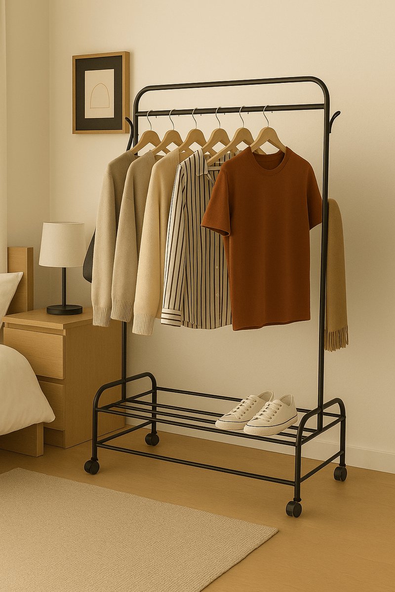 Lendo Online Industrieel Kledingrek met 4 wielen - Metaal met poedercoating - 110x55x160cm - Zwart- Opbergruimte Voor Schoenen - Garderoberek Met Haken - Kledingstang - Voor Hal, Slaapkamer, Logeerkamer