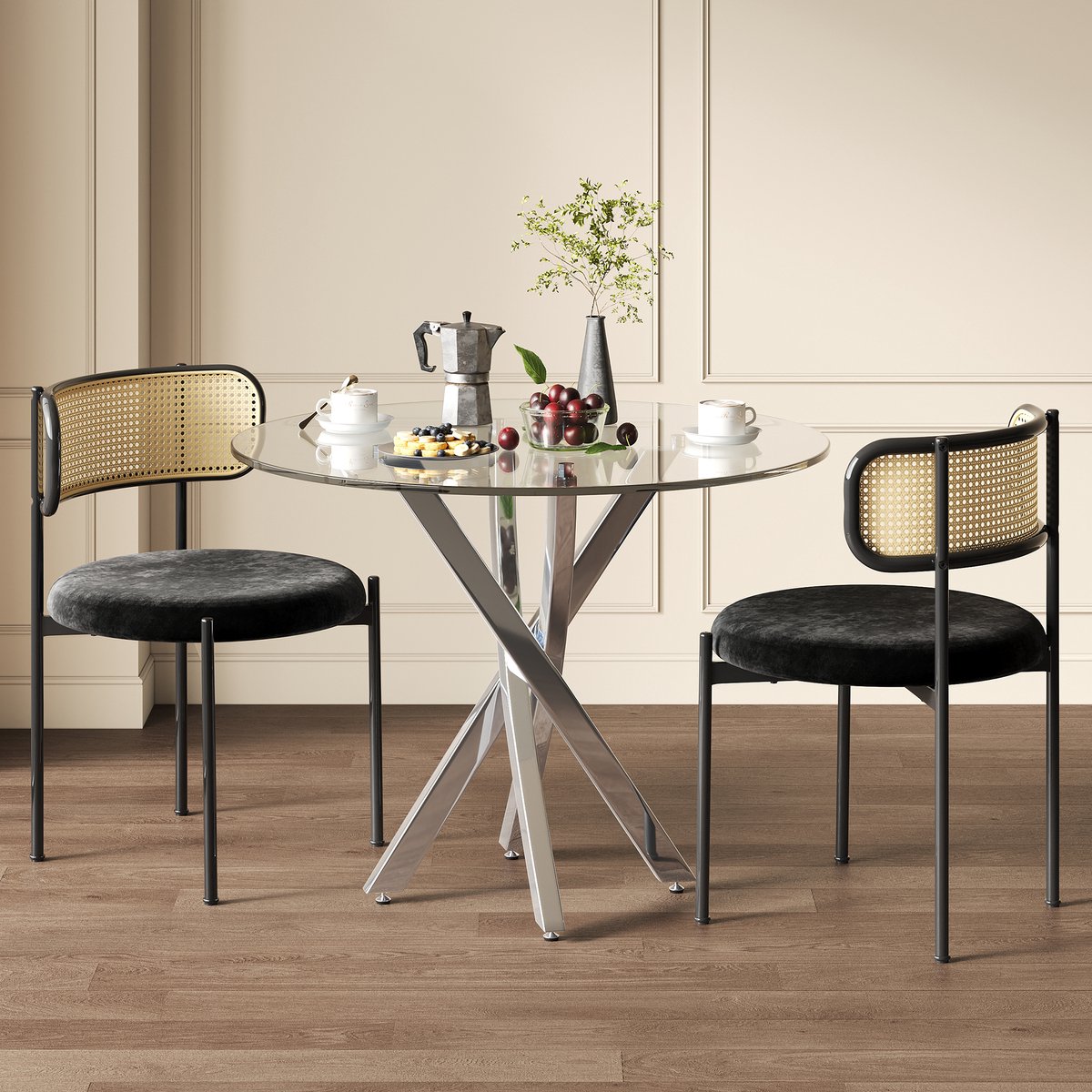 Wishdor Eettafel 80 x 80 cm van gehard glas en metaal, kruisvormig onderstel, modern design Zilver