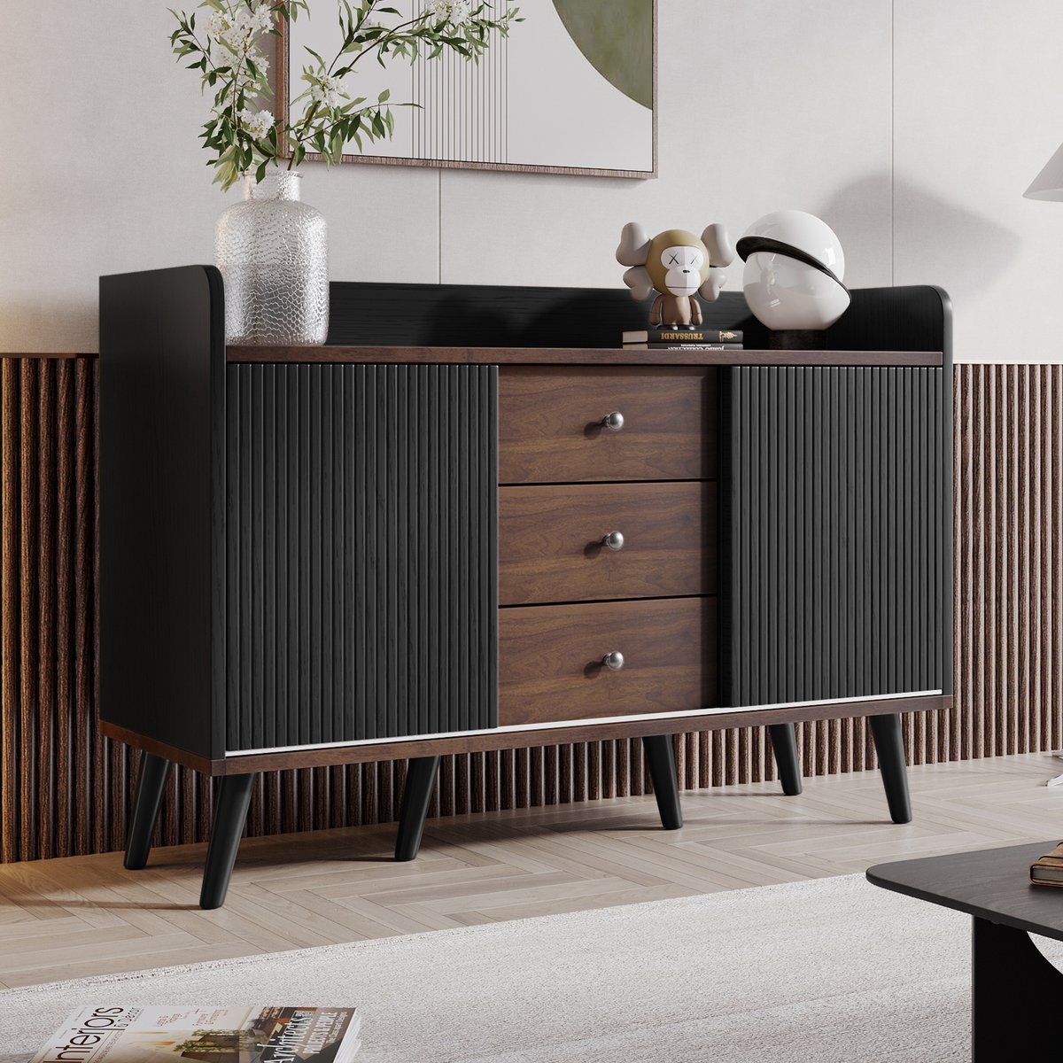 REDOM Dressoir H80×L117,5×D40 cm – drie lades, gestreepte schuifdeuren, verstelbare planken en massief houten poten Black