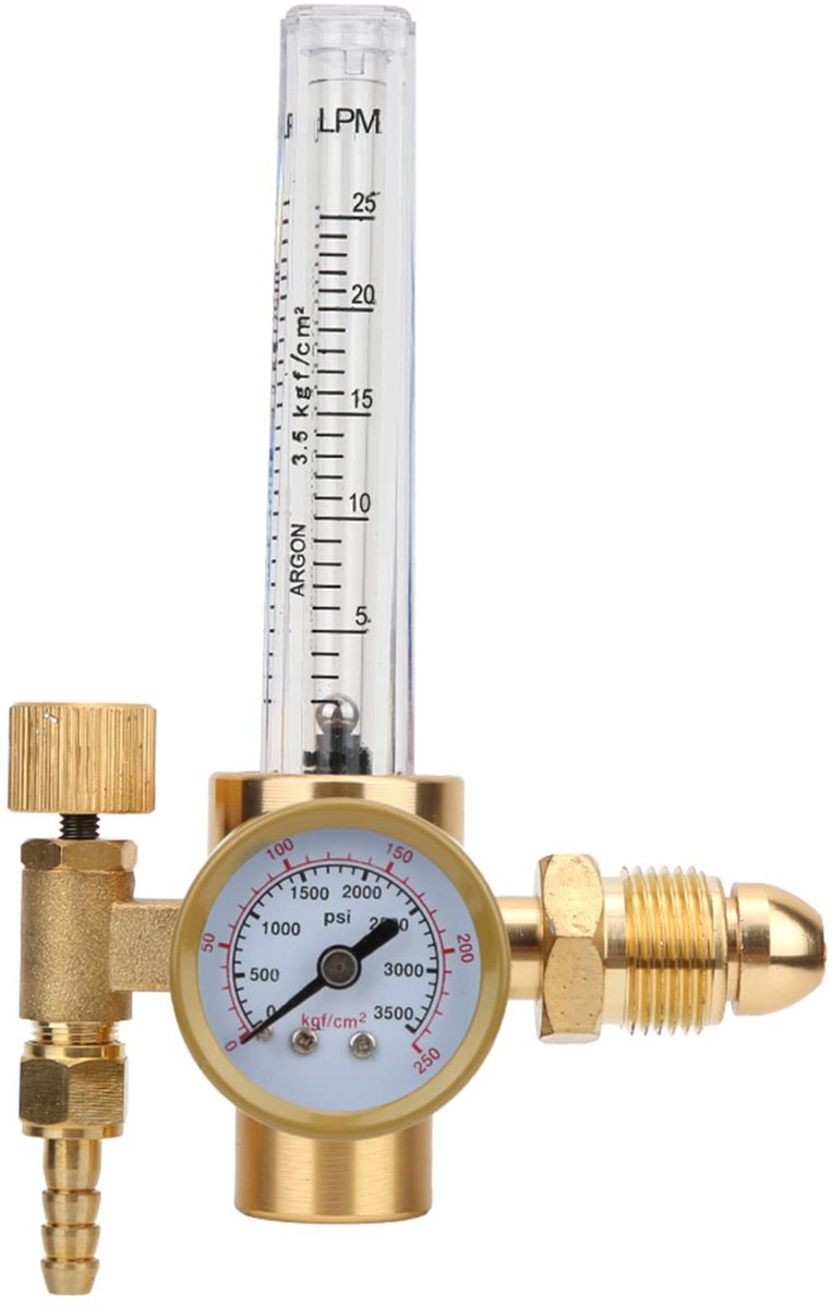 Argonregelaar Argon TIG-regelaar met schaal + kolom, volledig messing argondrukregelaar Gasstroommeter G5/8 buitendraad, importaansluiting: CGA580, luchtuitlaat: M12 x 1