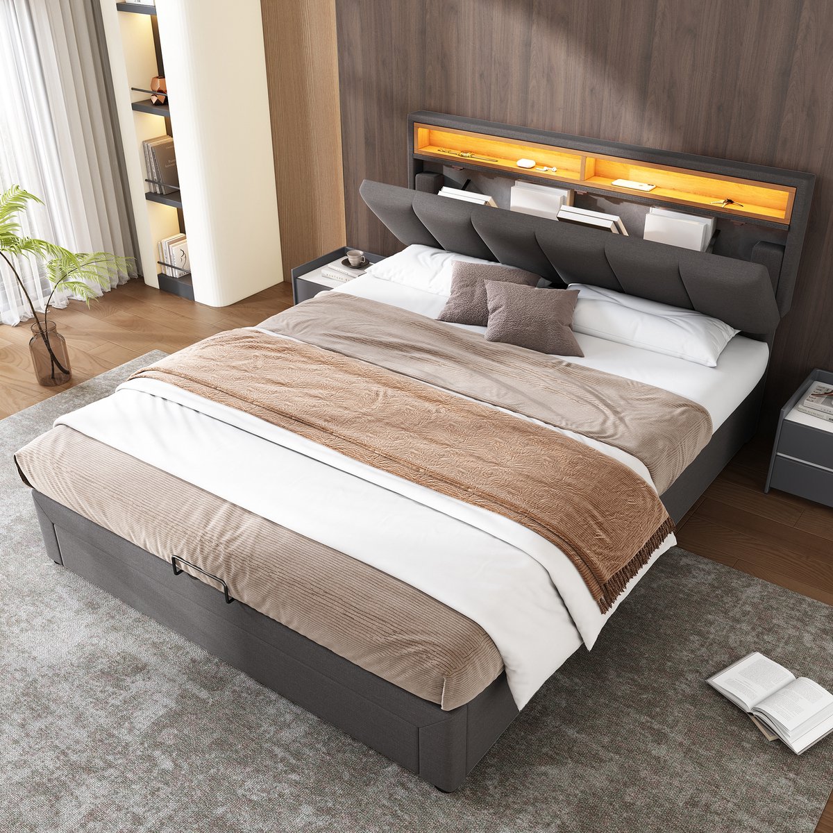 Wishdor Gestoffeerd Opbergbed 140x200 cm – LED Hoofdbord – Grijs Linnen – Stalen Frame – Sfeervol & Stabiel