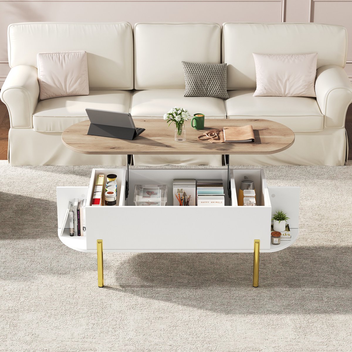 Wishdor Verstelbare Salontafel 120x50 cm met Opbergvakken en Hijsbare Tafelplaat tot 57,5 cm, MDF Wit/Naturel, Gouden Poten