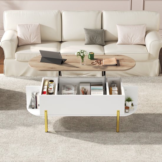 Witte salontafel met houten blad, gouden poten, en openklapbaar tafelblad met opbergvakken.