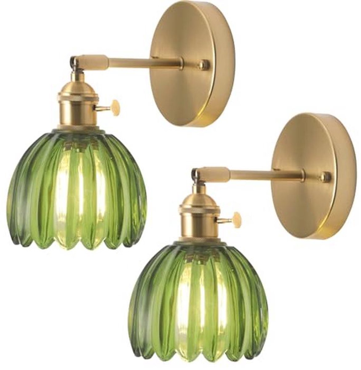 Wandlamp vintage stijl met schakelaar - Goudkleurig met groen glas voor badkamer en woonkamer - 2 stuks