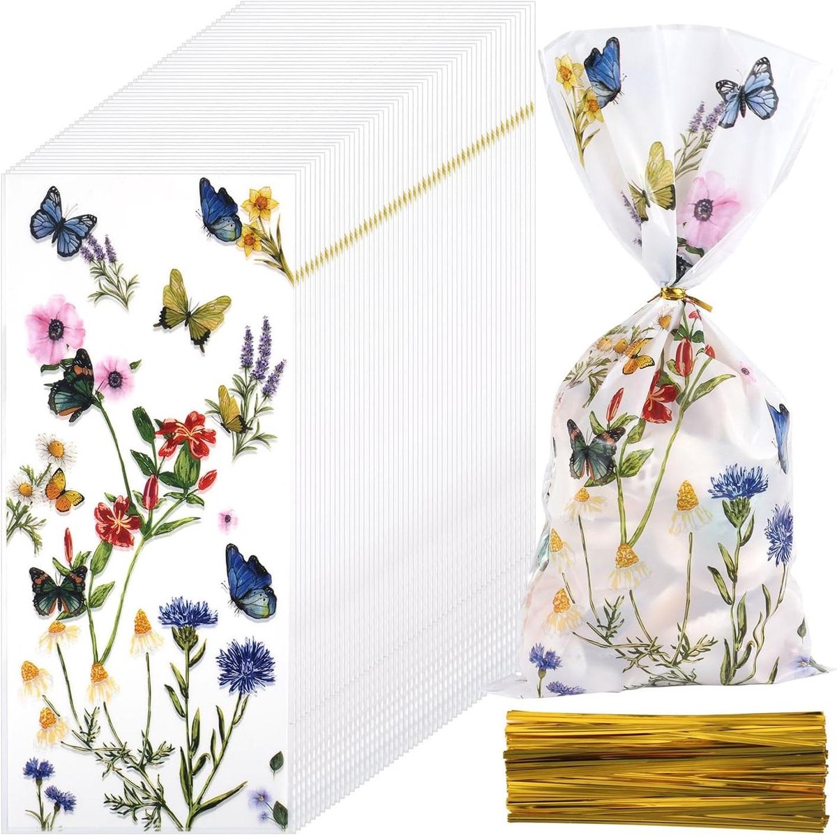 Cellofaanzakjes met Wilde Bloemen en Doorzichtige Vlinders - 50 stuks - Decoraties Feestje - Verjaardag Bedankje & Snack Verpakking