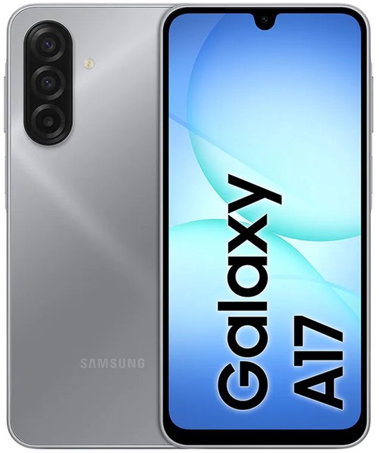 Zilveren Samsung Galaxy A17 smartphone, voor- en achterkant getoond. Bevat een druppelvormige inkeping en drievoudige camera.