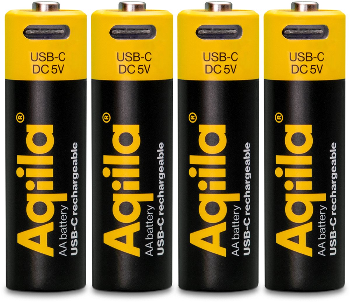 Aqiila Oplaadbare batterijen AA 1,5V Li-ion, USB-C, 2000 mAh, 4 stuks Lithium AA oplaadbare Batterijen met 4-in1 USB-C kabel