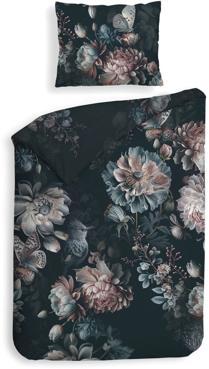 Heckettlane Dekbedovertrek Milos - Bedlinnen met Bloemen print - 140x200-220 cm - Blauw - Dekbedovertrek van 100% Katoen-Satijn Dark Blue