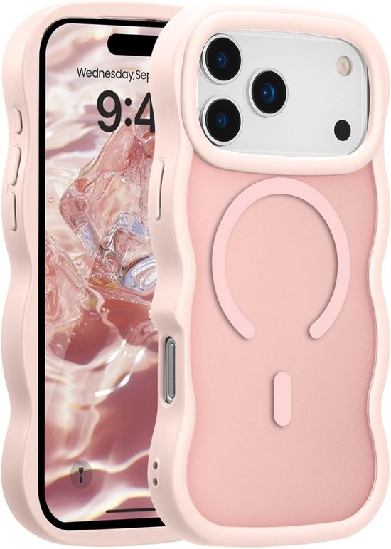 Coque de téléphone rose avec un motif ondulé, avec un logo MagSafe en forme de C à l'arrière.