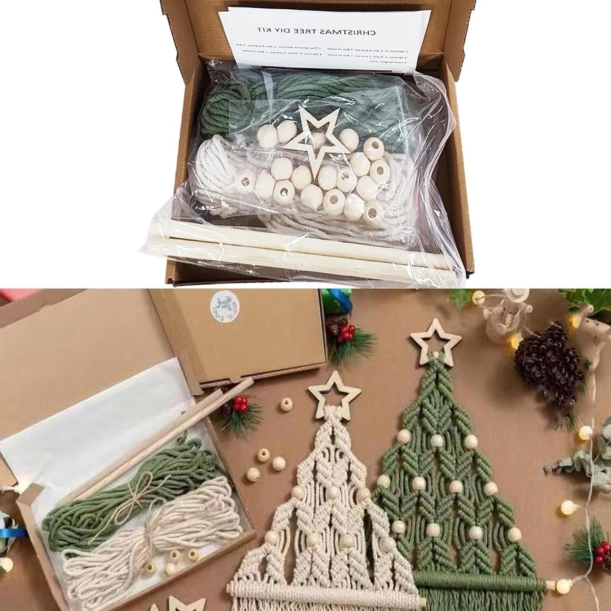 Cosensi - DIY Kerstboom Kit Set van 2 - Macrame Kerstbomen maken - Origineel Cadeau - Wanddecoratie - Knutsel Ideeën - Kerstdecoratie - Feestdagen Creëren