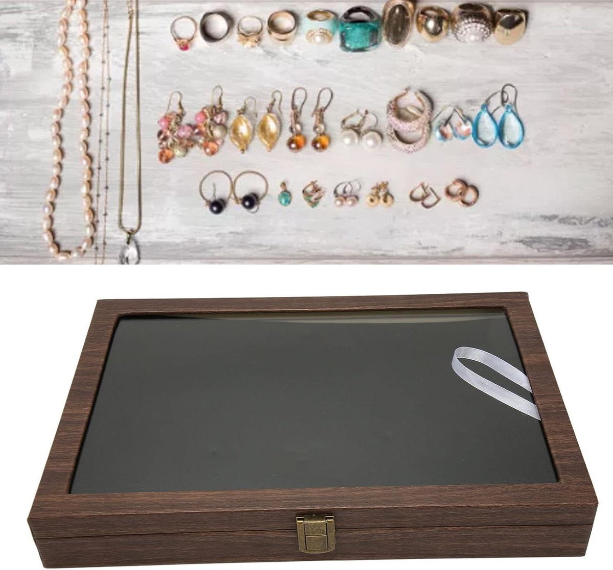 Cosensi - Muntenvitrine van zwart PU-leer met glazen venster en slot - Opbergdoos voor medailles, pins en sieraden