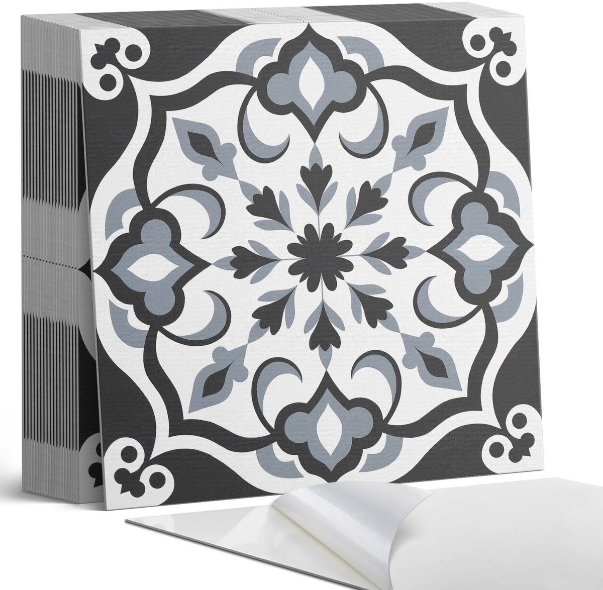 Coloray Plaktegels - Bloemenpatroon met ornamenten Zelfklevende Tegels - 20 cm x 20 cm - Zwart Plaktegels - 20 stuks - Vierkant PVC Tegels - Plaktegels Badkamer - Plaktegels Vloer - Vinyltegels Vloer Zelfklevend - Wandtegel Zelfklevend