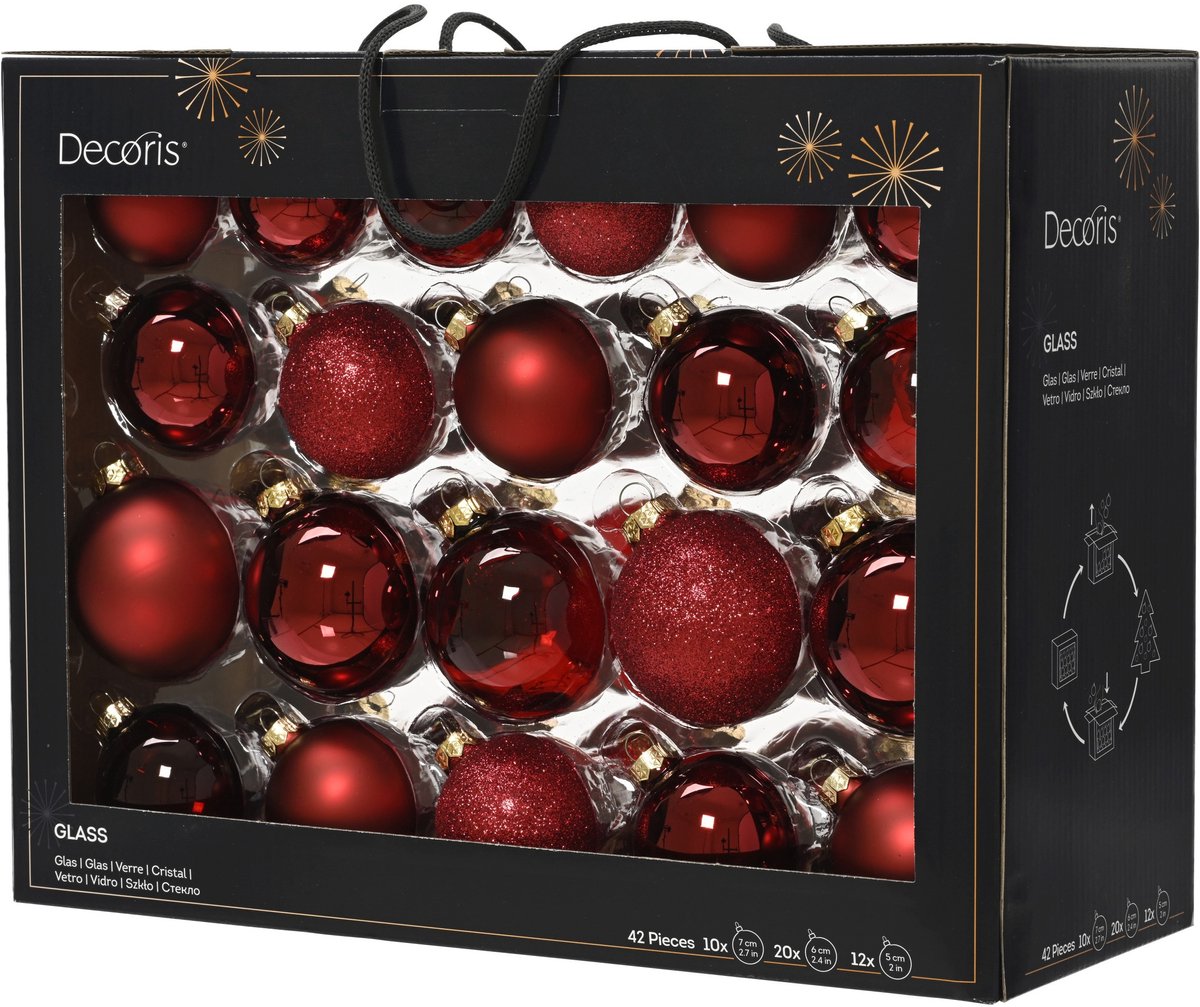 Decoris kerstballen - 42x - donkerrood - glas - 5-6-7 cm - mat/glans/glitter - kerstversiering - Kerstboomversiering – foto 2