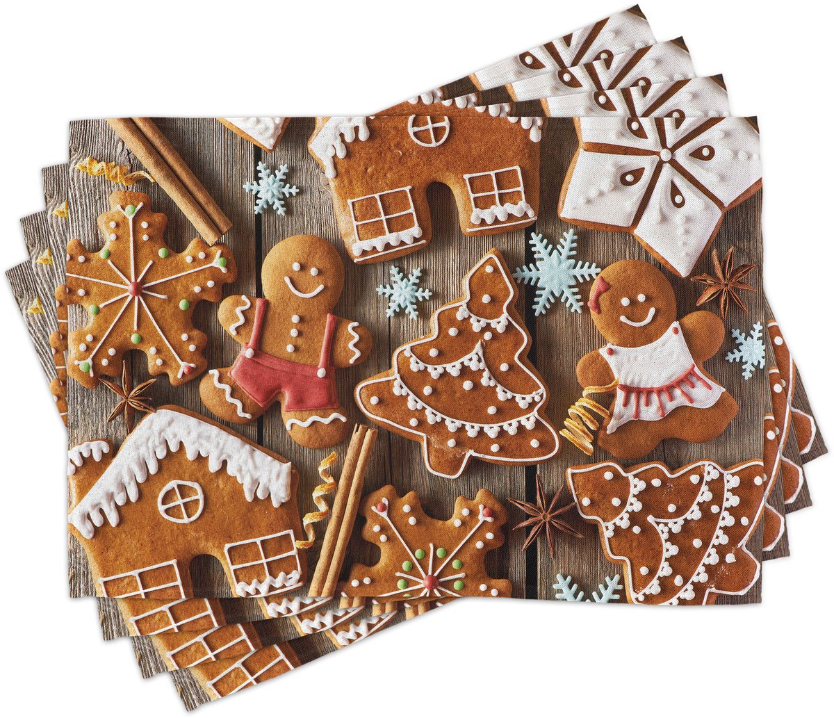 New Bed Peperkoekenmannetje Koekjes Sneeuw Set van 4 Placemat voor Eettafel, Wasbare Stof met Antislip Achterkant