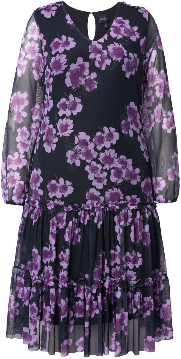 Ulla Popken Dames - Midi-jurk dubbellaags bloemen V-hals lange mouwen - Aubergine - Maat 54+