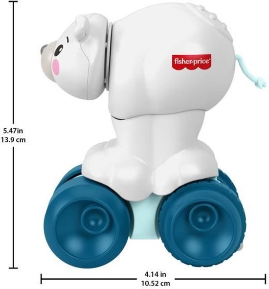 Witte Fisher-Price kruipbeer met blauwe wielen. Afmetingen 13,9 cm hoog en 10,52 cm breed.