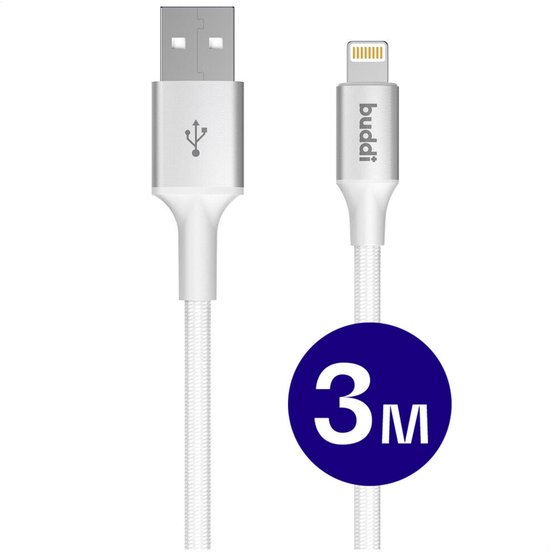 Witte Buddi USB-A naar Lightning kabel van 3 meter, met gevlochten textuur.