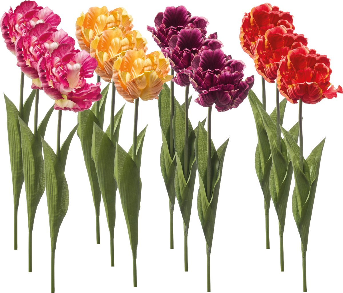 Emerald Kunstbloem Tulp Paris 66cm - Set van 12 - Kunstplant voor binnen Zachtroze, Geel/Peach, Donkerpaars & Oranje - Set van 12