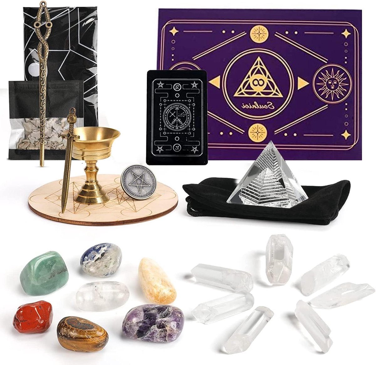 Provento - Set van 7 Chakra Stenen met Clear Quartz Piramide, Tarot Doek, Salie - Voor Meditatie en Spirituele Healing.