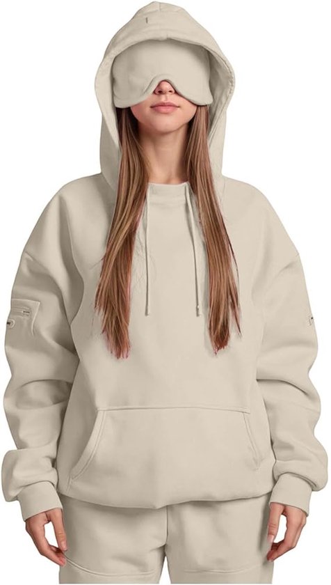 Sweat à capuche automne/hiver - Sweat de voyage/avion - Nouveautés 2025 - Avec masque intégré - Coupe ample, couleur unie - Unisexe - Idéal pour les voyages d'affaires, les voyages et les vacances - Kaki, Taille XL