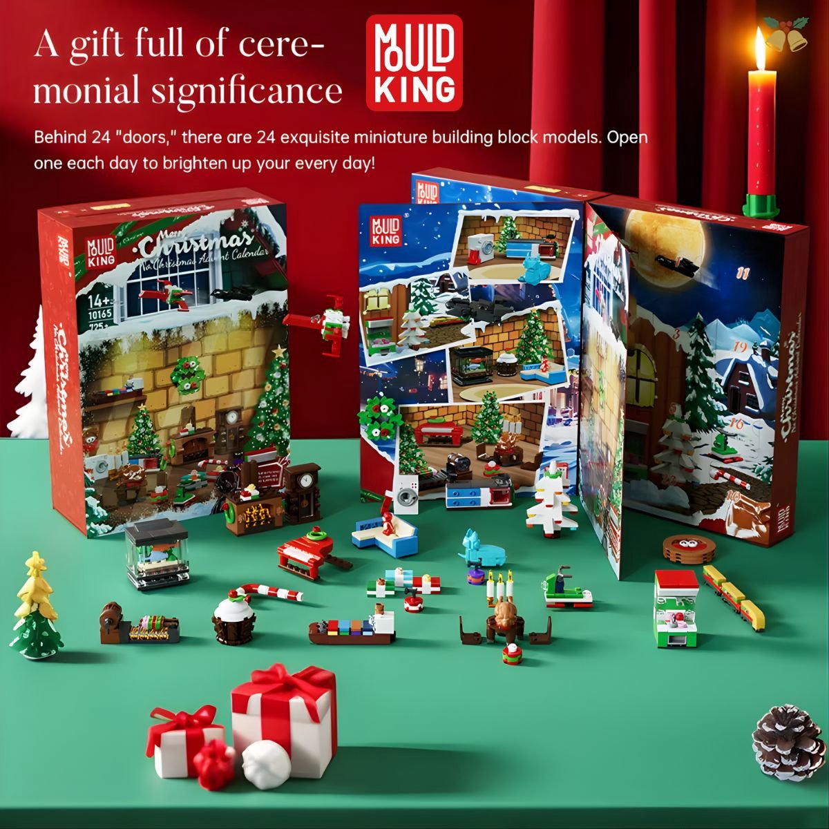 Mould King Kerst adventskalender #2 24-delig 2025 - 2026 aftelkalender bouwset | Incl. mini kerstversiering / decoratie | Creator classic bouwpakket geschikt voor lego | Educatief speelgoed ideas voor volwassenen & kinderen | 725 bouwstenen — afbeelding 2