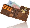 Bruine leren portemonnee, open, met bankbiljetten en munten.