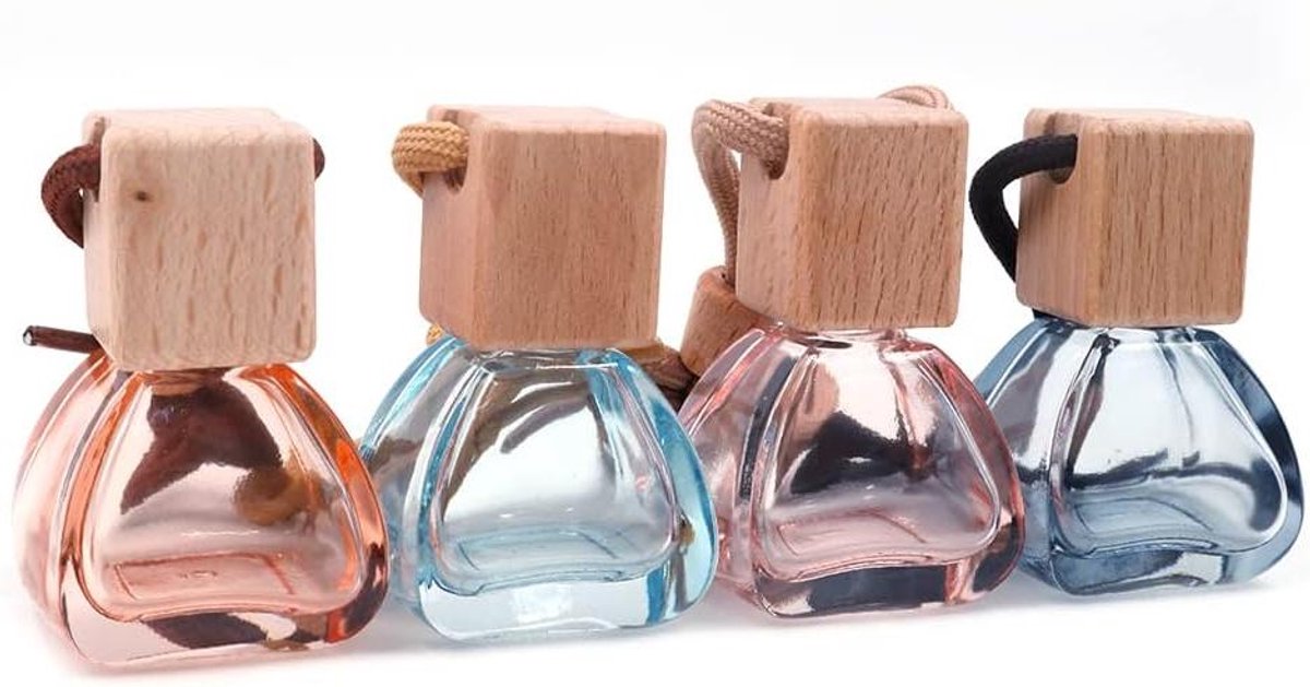 CSGoods - Glazen parfumflesjes met beukenhouten cover - 8 ml - Set van 4 - Auto luchtverfrissers