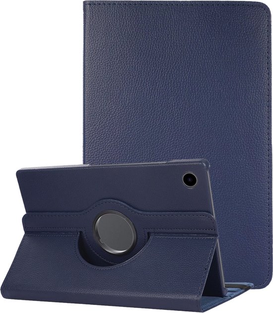 Étui pour tablette bleu foncé fermé et en position avec mécanisme de rotation, visible sur fond blanc.