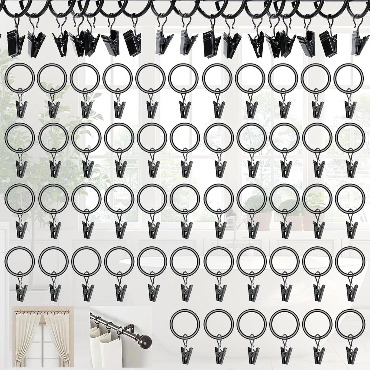 Ronte - Zwarte Gordijn clips en Metalen Gordijnringen Set voor Stang, Raam, Deur - 50 Stuks, 25 mm Binnendiameter - Douchegordijn, Waslijn - Zwart Kleur.