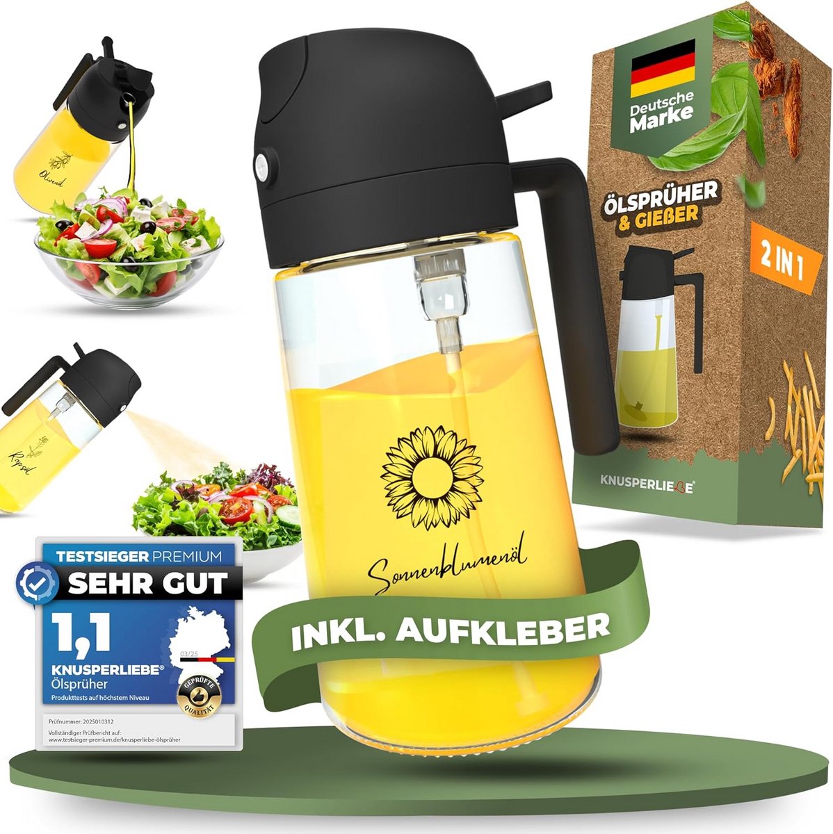 2-in-1 oliefles spuitfles en dispenser 470 ml voor spijsolie met gratis stickers