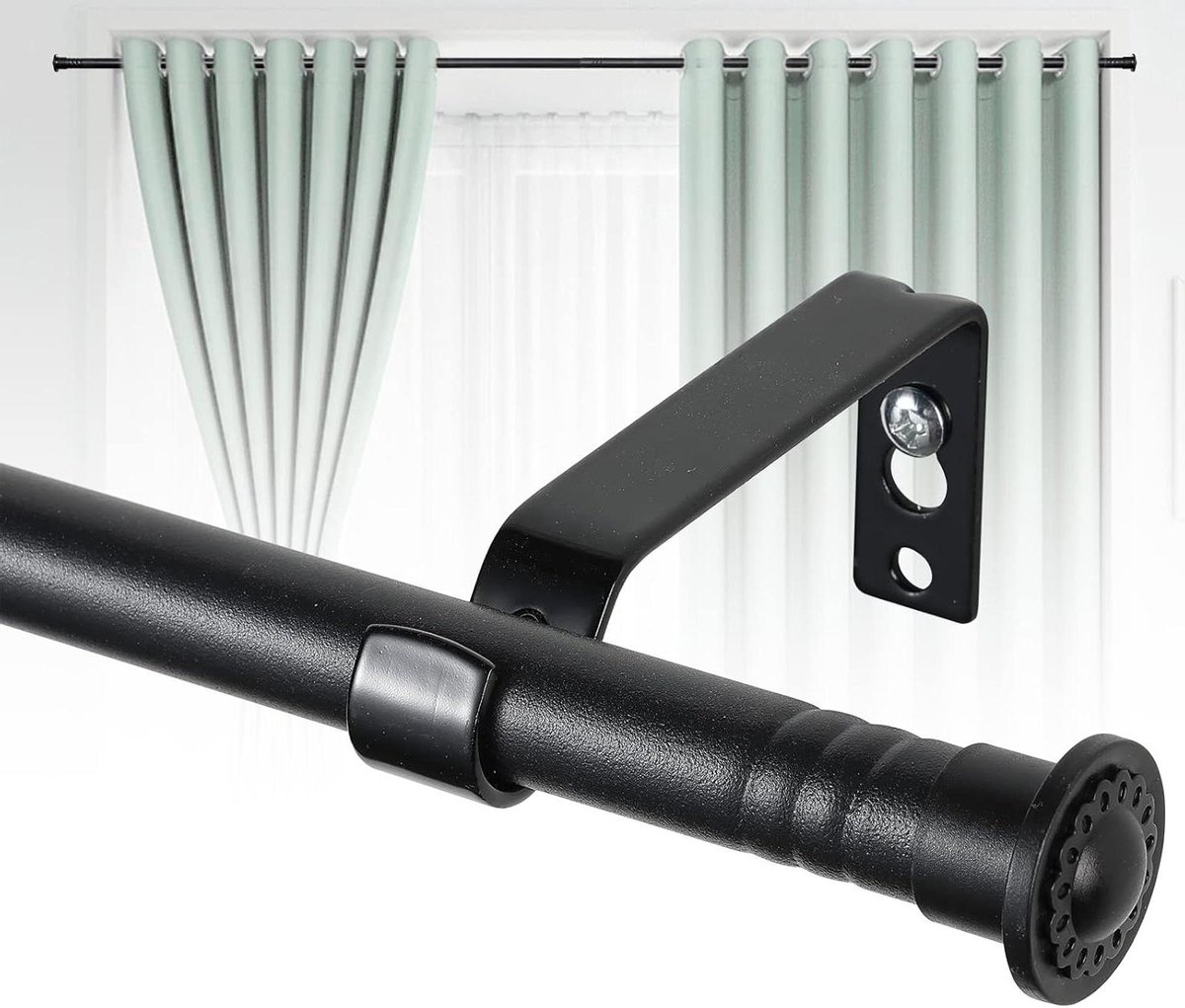 Ronte - Verstelbare metalen gordijnroede voor ooggordijnen 16 mm zwart 76-368 cm | Incl. beugels en eindstukken | Geschikt voor slaapkamer, woonkamer | Functioneel en stijlvol