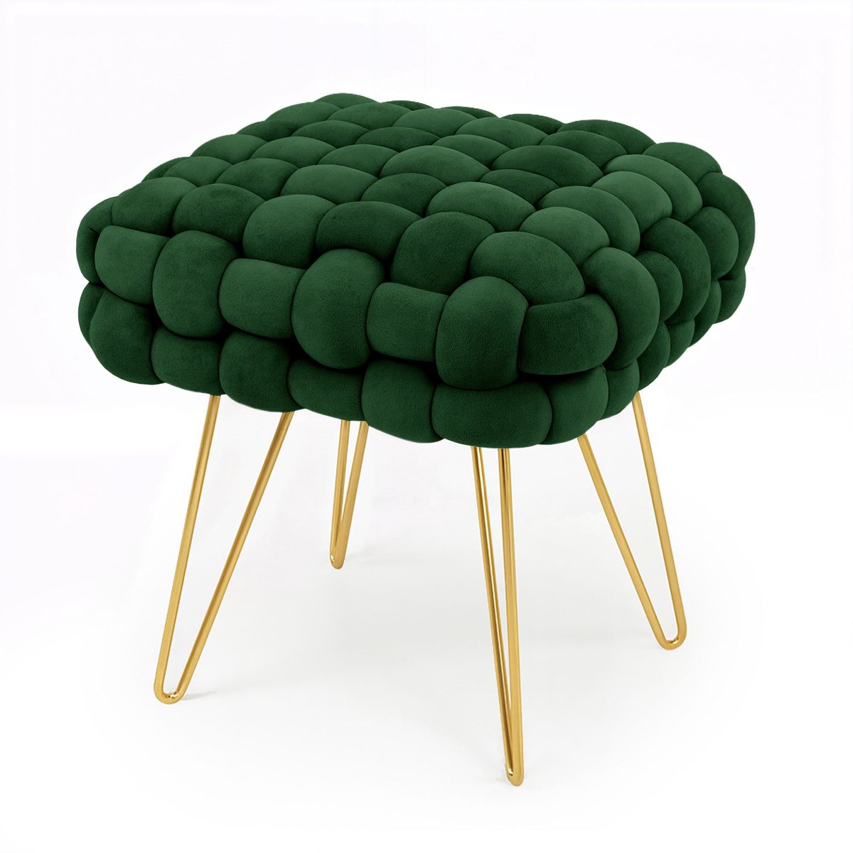 Gestoffeerde Fluwelen Poef DOTTY 38 cm / Vierkante Poef met Gouden Poten / Stijlvolle Kruk / Kaptafelkruk / Halstoel / Woonkamerstoel / Flesgroen