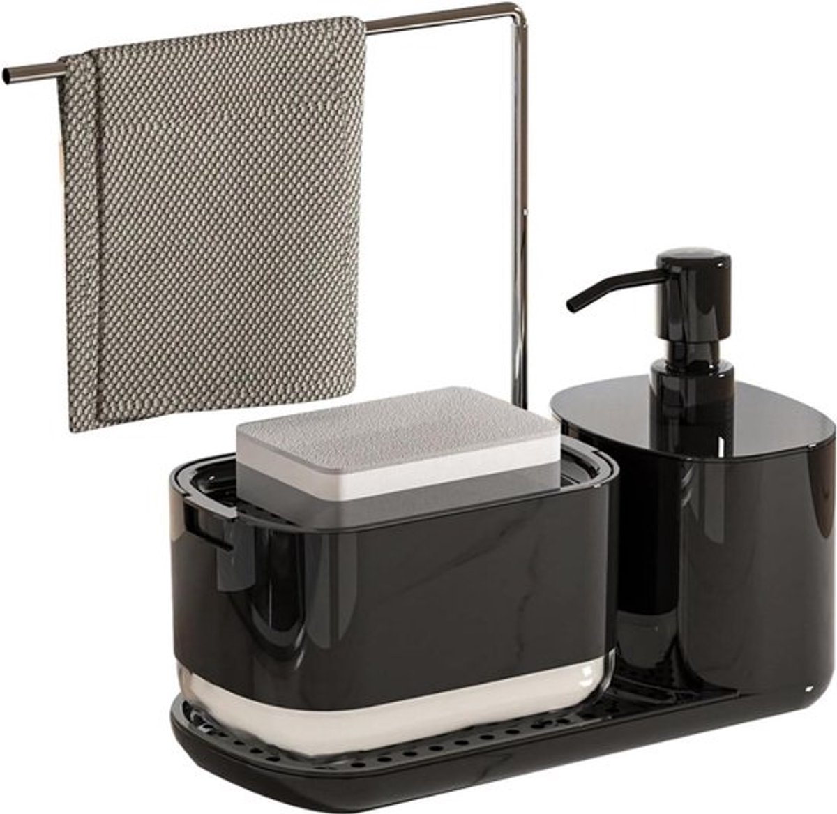 Gootsteenorganizer met lade en zeepdispenser voor keuken - sponshouder aanrecht Caddy opbergorganizer zwart.
