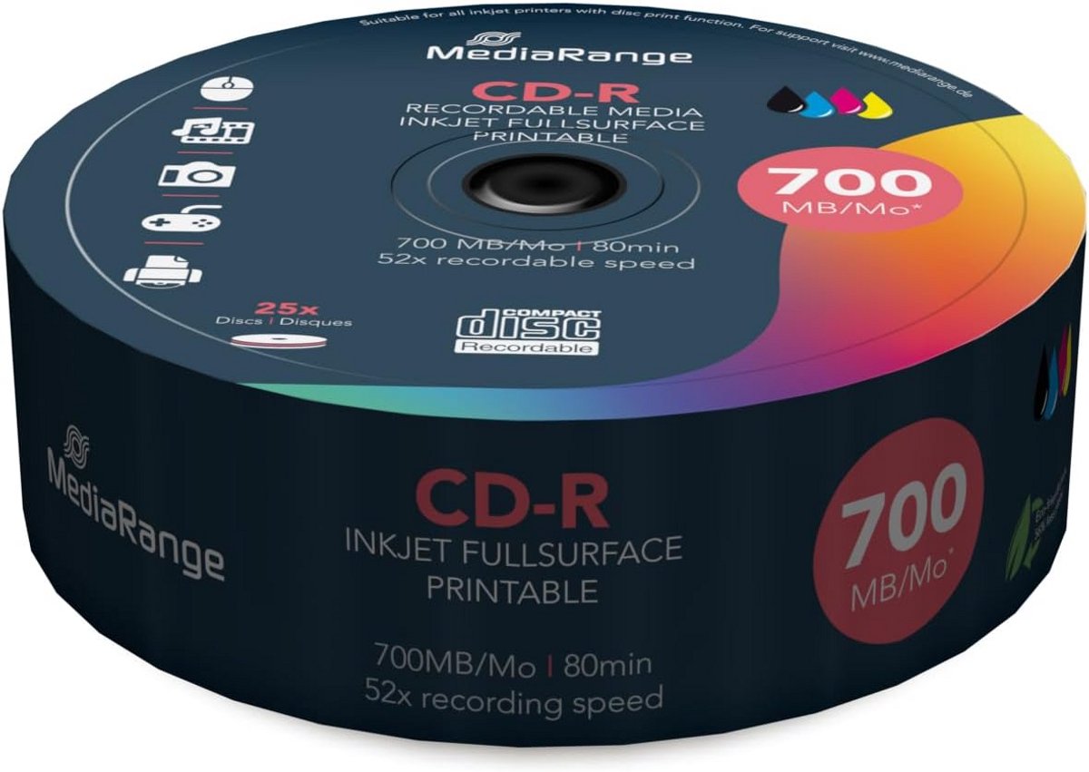 CD-R 700MB 80 min 52x, volledig bedrukbaar (inkjet), 25 stuks