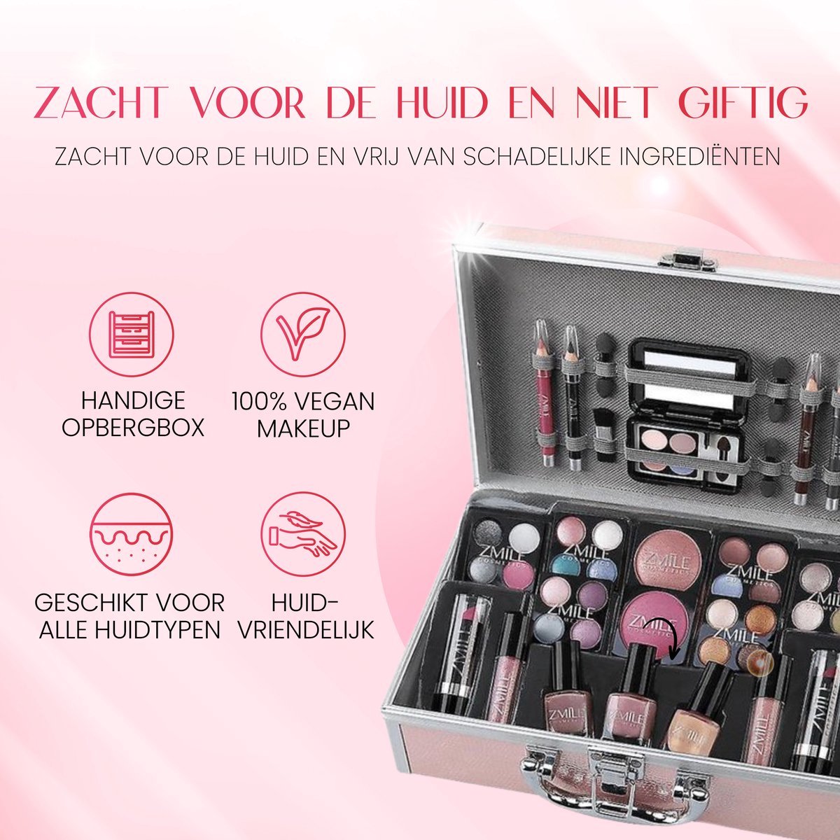 Roze Make Up Koffer Meisjes Met Inhoud 41-Delig - Set Inclusief Premium Roze Kwasten & Reis Etui - Make Up Koffer Kinderen - Make Up Koffer Gevuld - Cosmetica Koffer - Roze Beautycase Meisjes — cadeau in Verzorging - foto 8